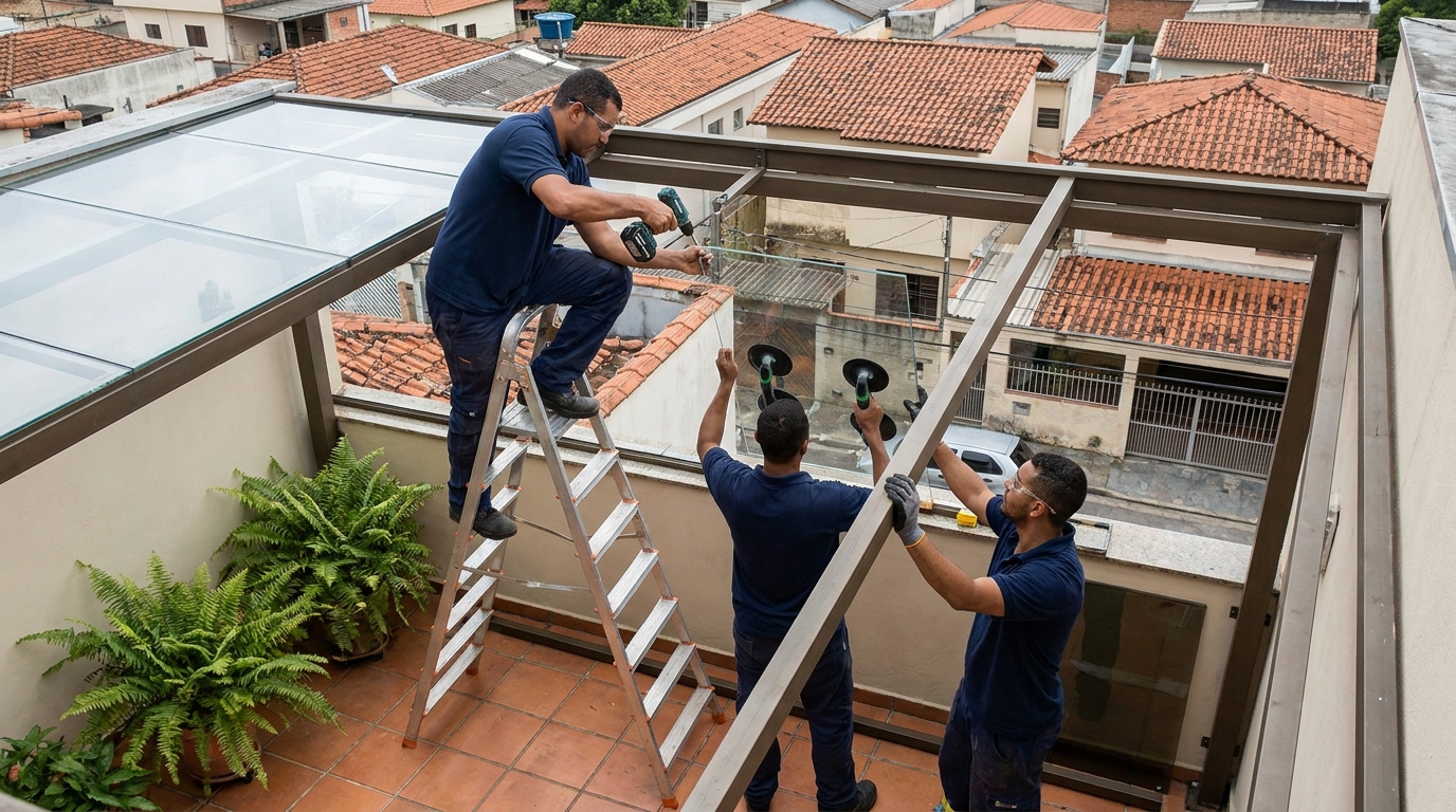Cobertura de vidro em terraço com telhados em Jundiaí-SP