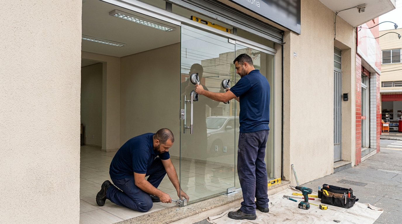 Porta de vidro com puxador inox em Jundiaí-SP